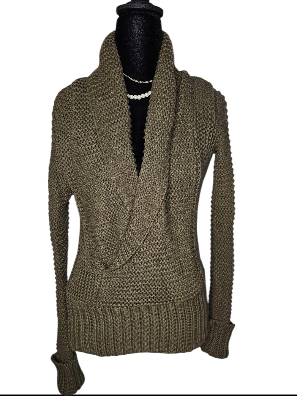 American Eagle Outfitters Olive Green Chunky Knit Shawl Collar Sweater - Size S